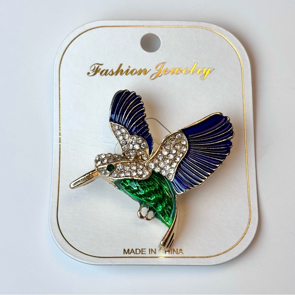 Blue and green hummingbird brooch, NIP